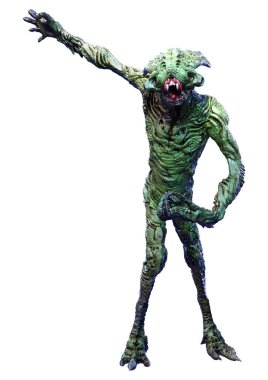 Beyaz arka planda izole edilmiş yeşil bir uzaylının 3 boyutlu görüntüsü