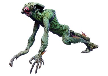 Beyaz arka planda izole edilmiş yeşil bir uzaylının 3 boyutlu görüntüsü