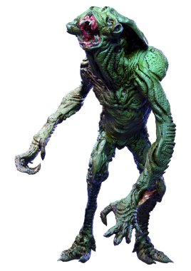 Beyaz arka planda izole edilmiş yeşil bir uzaylının 3 boyutlu görüntüsü