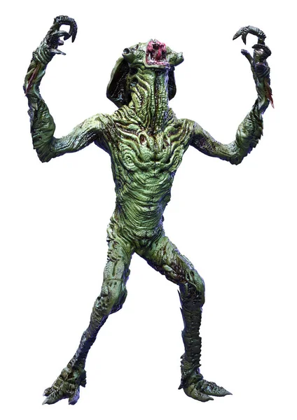 Beyaz arka planda izole edilmiş yeşil bir uzaylının 3 boyutlu görüntüsü