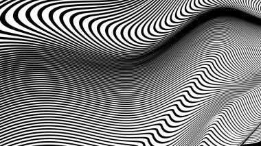 Vektör 3 boyutlu çizgili dalgalar. Soyut kompozisyon, eğri çizgiler. Sunum için inanılmaz üç boyutlu arkaplan, duvar kağıdı, iç dekorasyon. Opik yanılsama. Eğim olmayan vektör