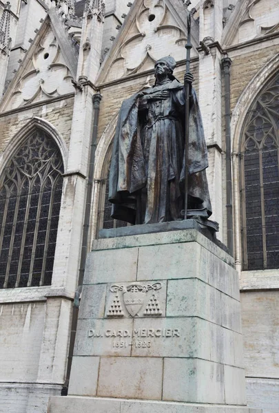Statue Cardinal Mercier Michaels Gudula Cathedral Brussels Belgium — Stock Photo, Image