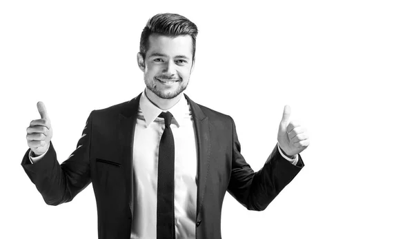 Retrato de hombre guapo confiado en traje negro con corbata — Foto de Stock