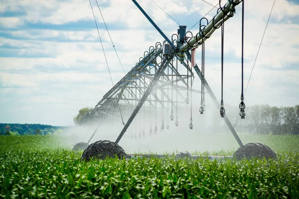 Um pivô de irrigação regando um campo, bela vista — Fotografia de Stock