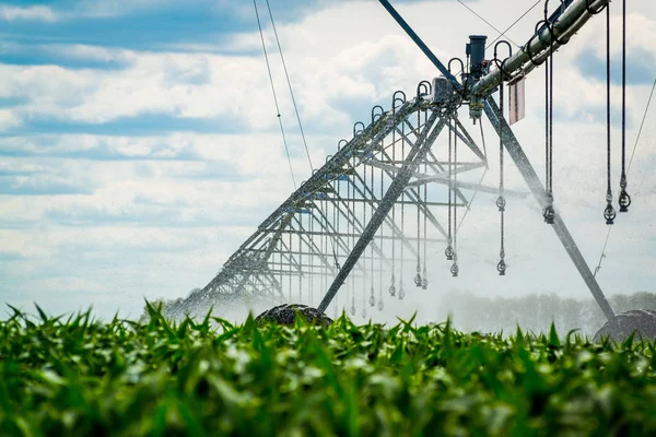 Um pivô de irrigação regando um campo, bela vista — Fotografia de Stock