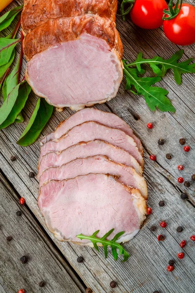 Smoked Spicy Pork Loin Slices Vegetables Spices Wooden Table — Stock Photo, Image