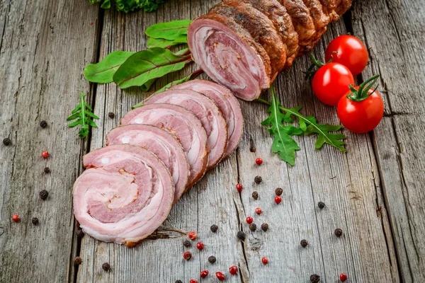 Veal Roll Filled Minced Beef Meat Herbs Wooden Table — Stock Photo, Image