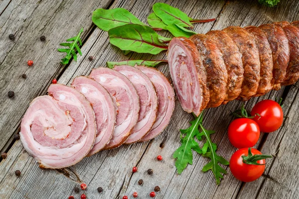 Veal Roll Filled Minced Beef Meat Herbs Wooden Table — Stock Photo, Image