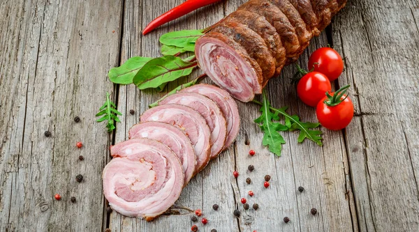 Veal Roll Filled Minced Beef Meat Herbs Wooden Table — Stock Photo, Image