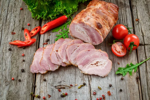 Smoked Pork Meat Wooden Background Spices Vegetables — Stock Photo, Image