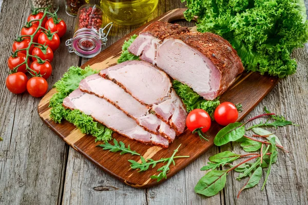 Baked Pork Different Spices Vegetables Wooden Table — Stock Photo, Image