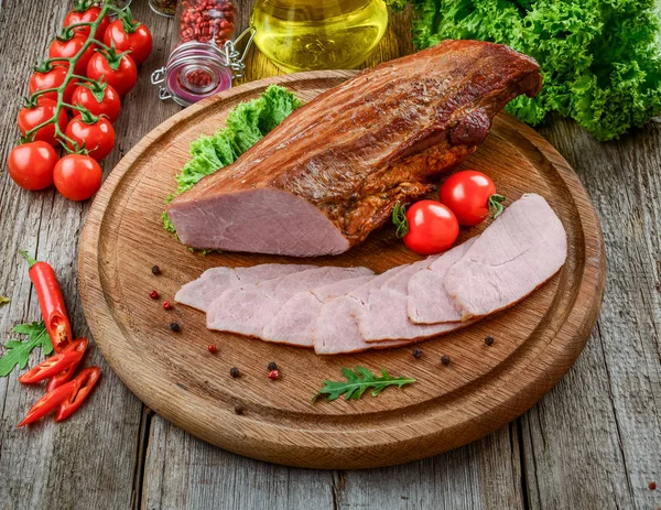 Traditional Smoked Meat Wooden Table Culinary Meat Eating Spices Vegetables — Stock Photo, Image