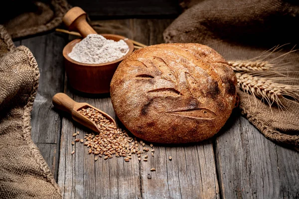 Pão tradicional acabado de assar na mesa de madeira — Fotografia de Stock