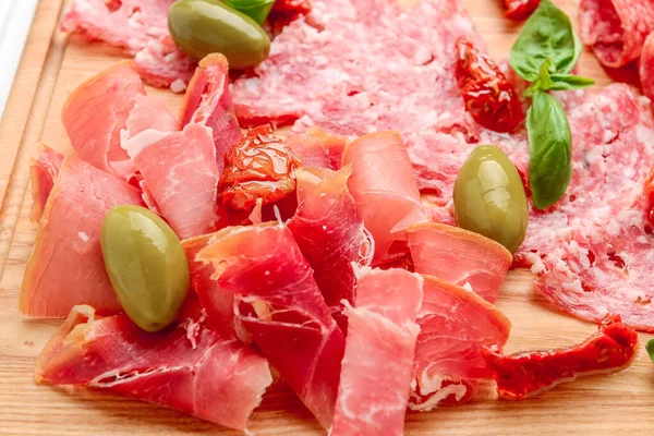 Cured Meat Platter Traditional Spanish Tapas Chorizo Salsichon Jamon Serrano — Stock Photo, Image