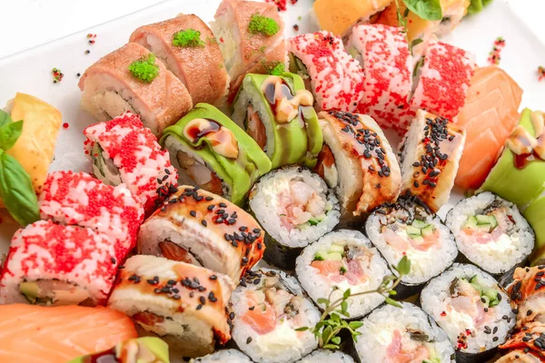 Sushi Diferente Rollos Frontera Sobre Fondo Madera — Foto de Stock