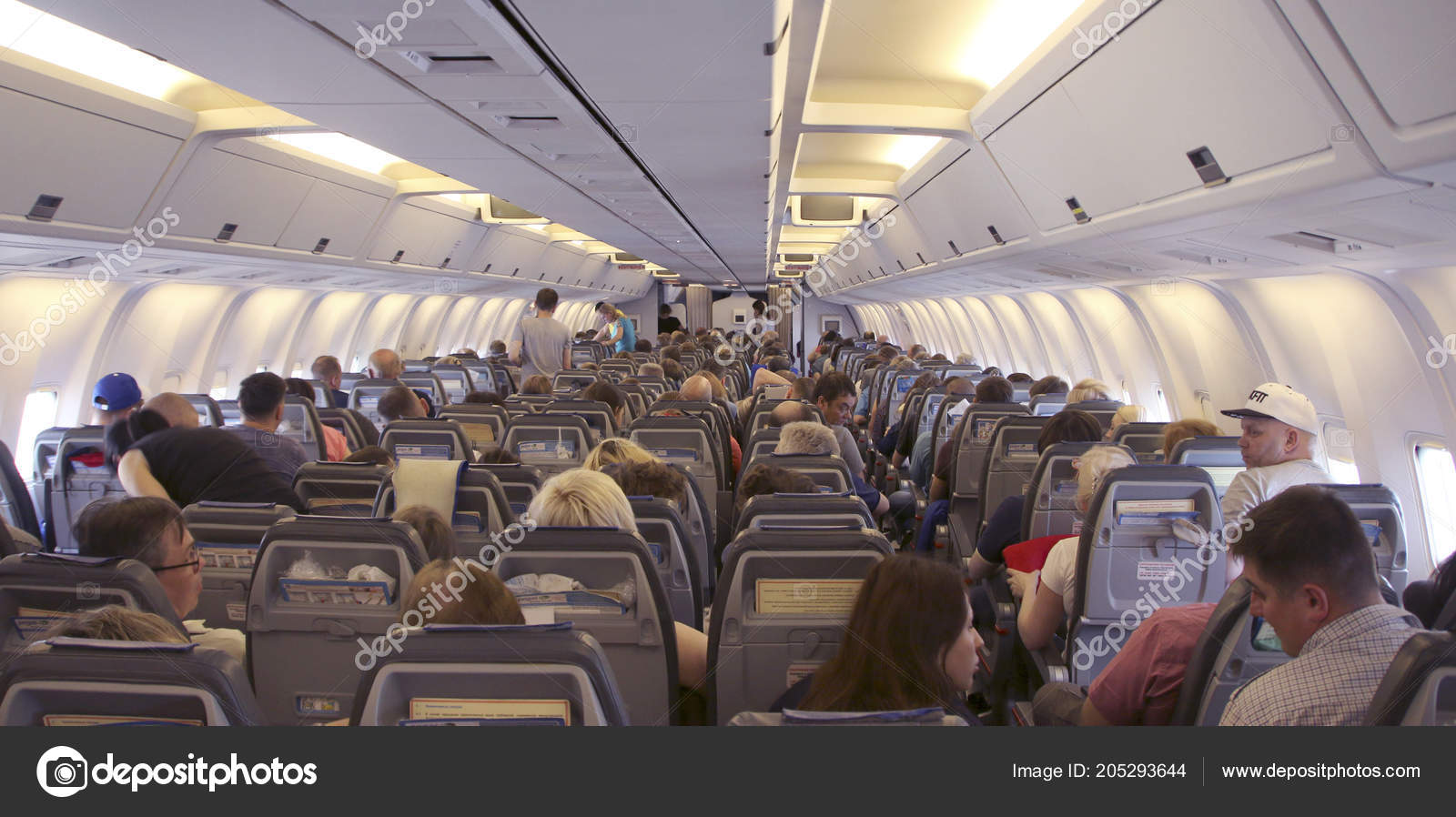 Passengers Take Seats Get Ready Takeoff Cabin Boeing 767 300