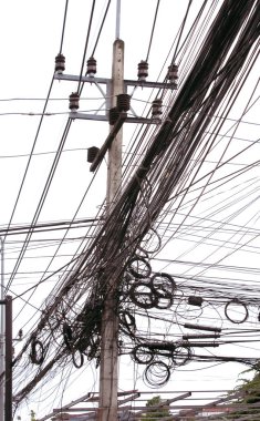 Tayland ve Vietnam şehirlerinde sıklıkla görülen dağınık kablo, telefon ve elektrik hatları karışıklığı