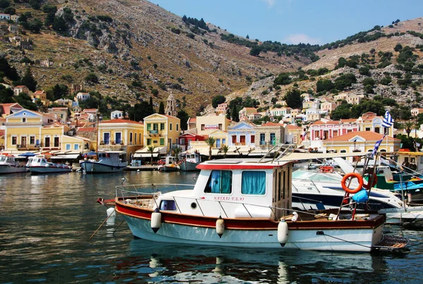 Symi Greece June 2020 Fishing Boats Port Symi Town Symi Royalty Free Stock Images