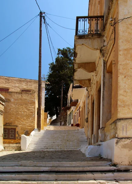 Symi Steintreppen Und Bunte Häuser Einer Straße Von Ano Symi — Stockfoto