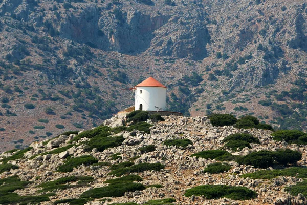 Szélmalom Parton Symi Sziget Panormitis Görögország — Stock Fotó