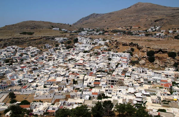 Lindos Vista Villaggio Dalla Collina Dell Acropoli Isola Rodi Grecia — Foto Stock