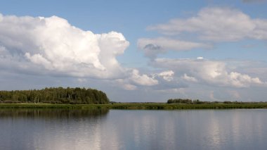 Orman gölü manzarası, bir gölün pürüzsüz yüzeyi, yansıyan bulutlar, parlayan bir orman gölü.