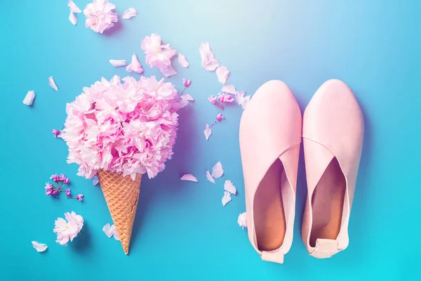 ice cream made with pink sakura flowers with fashionable shoes