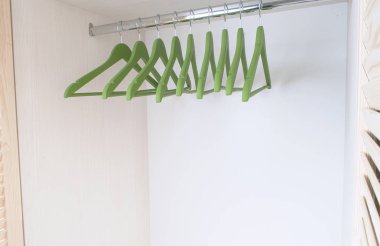 Dolgun gardırop rafı ve yeşil kadın askısı.