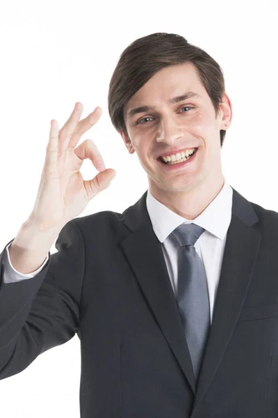 Everything Happy Young Business Man Suit Tie Gesturing Sign Smiling — Stock Photo, Image