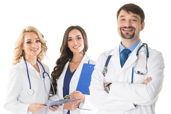 Retrato Grupo Médicos Felizes Confiantes Isolados Fundo Branco — Fotografia de Stock