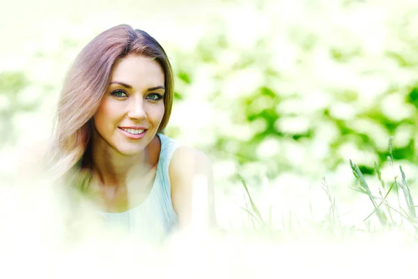 Beautiful Young Woman Blue Dress Lying Grass — Stock Photo, Image