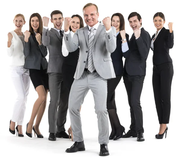 成功的 兴奋的商界人士组队站在一起 握紧拳头好吗 在白色背景下保持孤立的姿态 — 图库照片