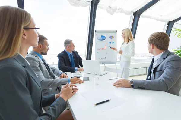 Geschäftsleute Team Bei Büropräsentation Arbeitet Mit Diagrammen Und Diargams Flipchart — Stockfoto