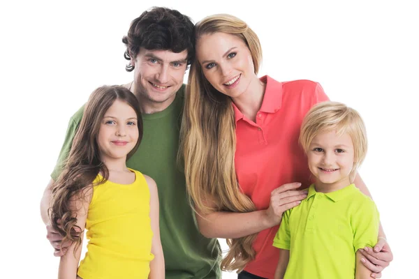 Studio Portrait Famille Vêtements Colorés Avec Deux Enfants Isolés Sur — Photo