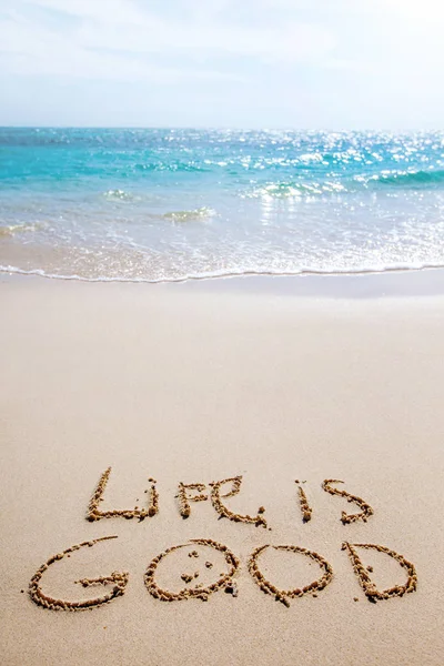 Positive Thinking Concept Life Good Inscription Sand Tropical Beach — Stock Photo, Image