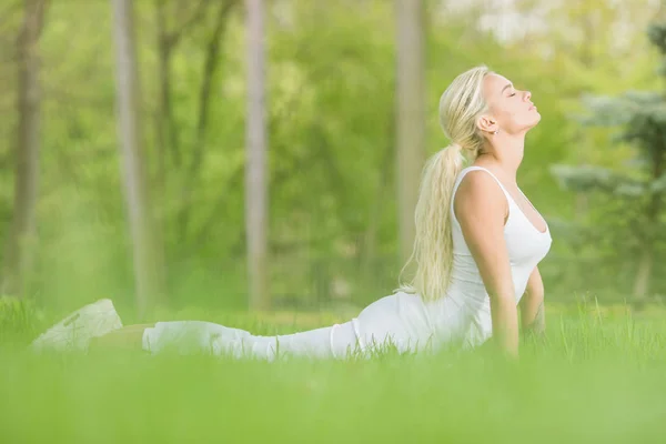 Genç Kız Kobra Asana Yoga Egzersiz Bahar Park Yapmak — Stok fotoğraf