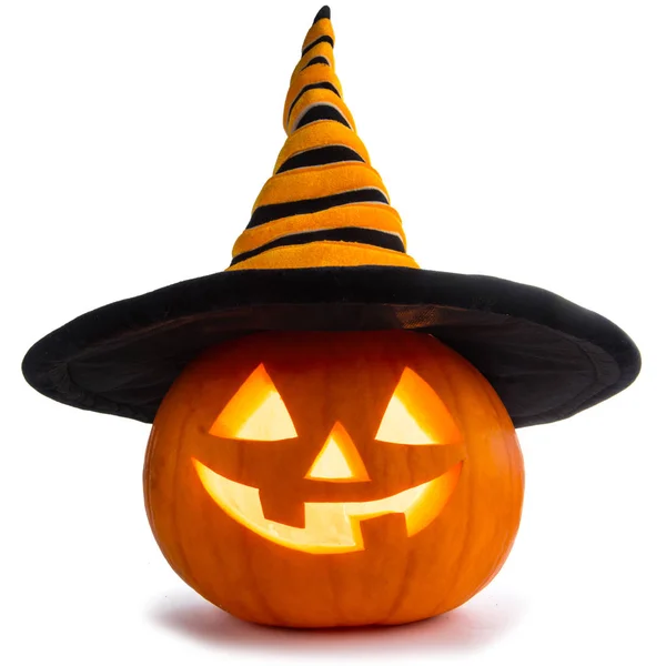 Jack Lantern Calabaza Halloween Con Sombrero Brujas Aislado Sobre Fondo —  Fotos de Stock