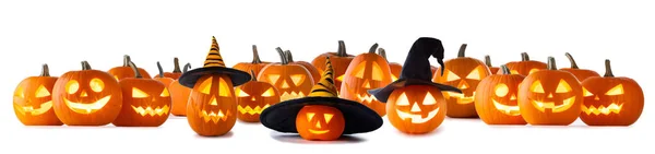 Grande Collezione Jack Lanterna Zucche Halloween Con Vari Disegni Diversi — Foto Stock