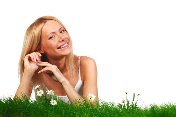 Beautiful Young Blonde Woman Lying Grass Chamomile Flowers Isolated White — Stock Photo, Image