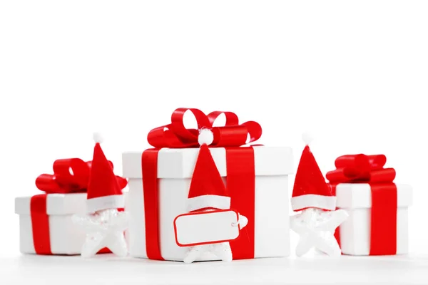 Подарочные Коробки Звездами Санта Клауса Белом Фоне — стоковое фото