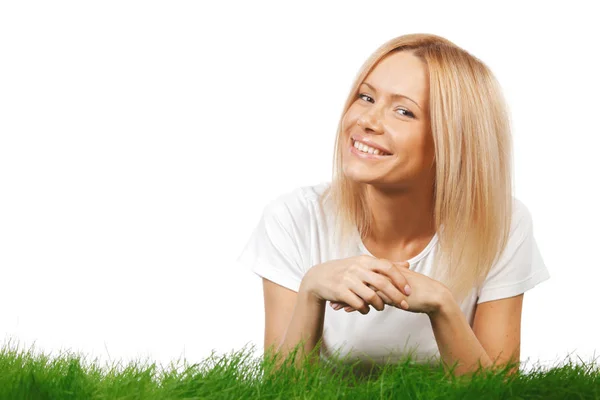 Smiling Beautiful Woman Grass Isolated White Background Royalty Free Stock Images