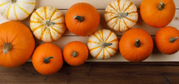 Veel Oranje Pompoenen Houten Achtergrond Halloween Concept Bovenaanzicht Met Kopie — Stockfoto