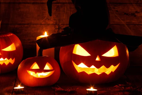 Jack Lanterna Zucche Halloween Con Cappello Streghe Candele Accese — Foto Stock