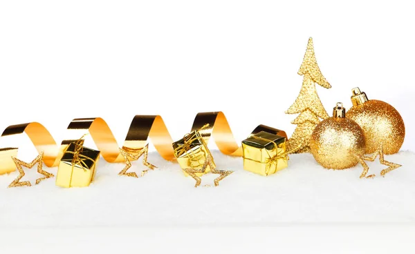 Kerstkaart Met Decoratieve Gouden Kerstballen Sneeuw — Stockfoto