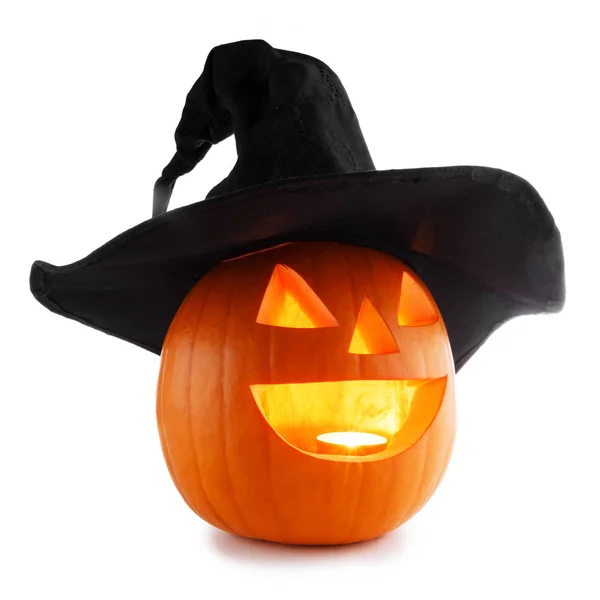 Jack Lantern Calabaza Halloween Con Sombrero Brujas Aislado Sobre Fondo —  Fotos de Stock