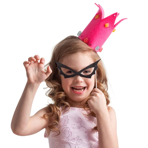 Vacker Liten Godis Prinsessa Flicka Crown Bat Mask Halloween Koncept — Stockfoto