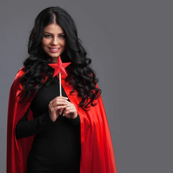 Woman Red Cape Star Shaped Magic Wand Gray Background — Stock Photo, Image