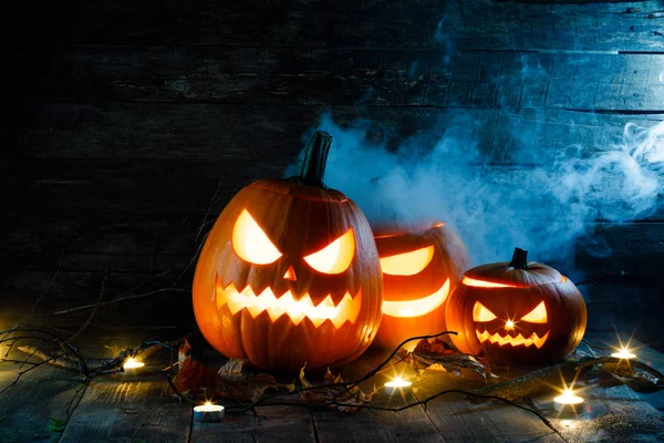 Halloween Pumpkin Head Jack Lantern Candles Wooden Background — Stock Photo, Image