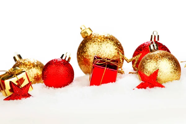 Tarjeta Navidad Con Oro Rojo Hermosas Decoraciones Nieve —  Fotos de Stock