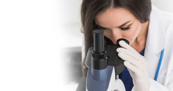 Female Scientist Looking Microscope White Copy Space Text — Stock Photo, Image